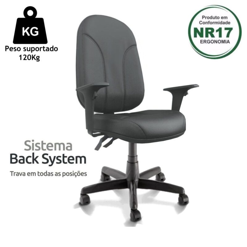 Cadeira Presidente PLUS BACK SYSTEM Baixa Costurada c/ Braços Reguláveis – Corino Preto 32974 PREMIUM OFFICE Móveis para Escritório Presidente 4