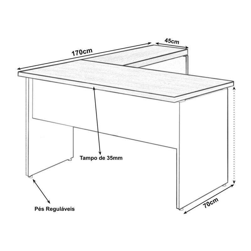 Mesa em “L” (Mesa 1,70m + Mesa Auxiliar) – S/ Gavetas Marsala / Preto – 23478 PREMIUM OFFICE Móveis para Escritório Linha 30 mm 3