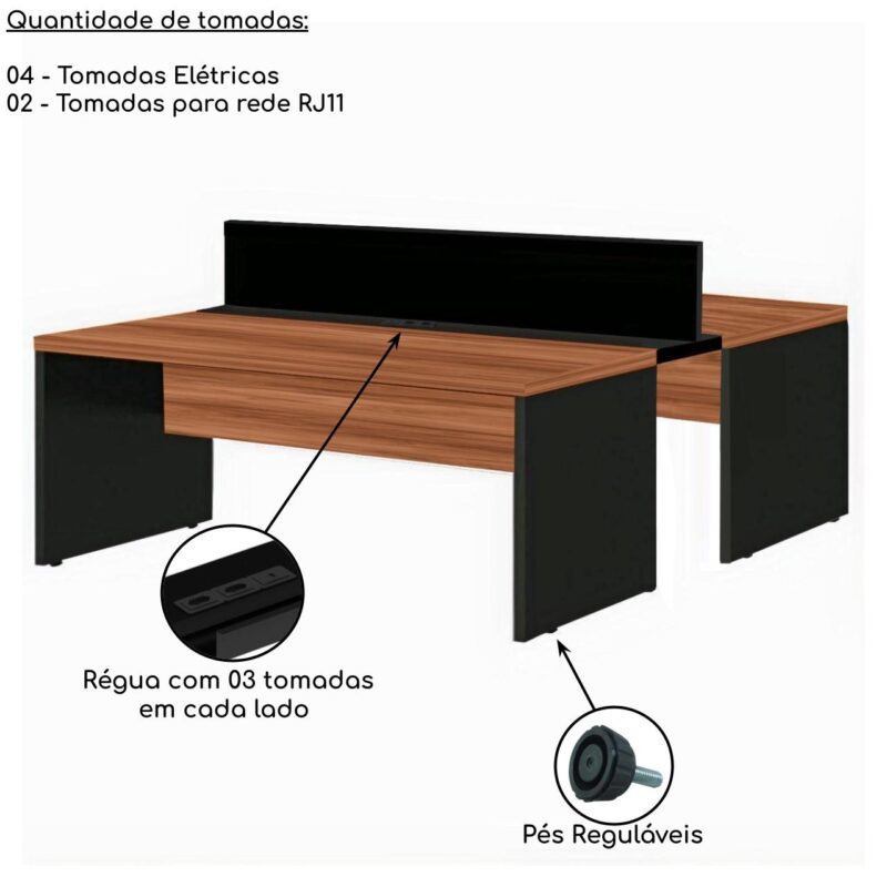 Estação de Trabalho Dupla 1,20×1,35m 02 Lugares s/ Gavetas c/ ponto de tomada Nogal Sevilha – 63085 PREMIUM OFFICE Móveis para Escritório Linha 40 mm 3