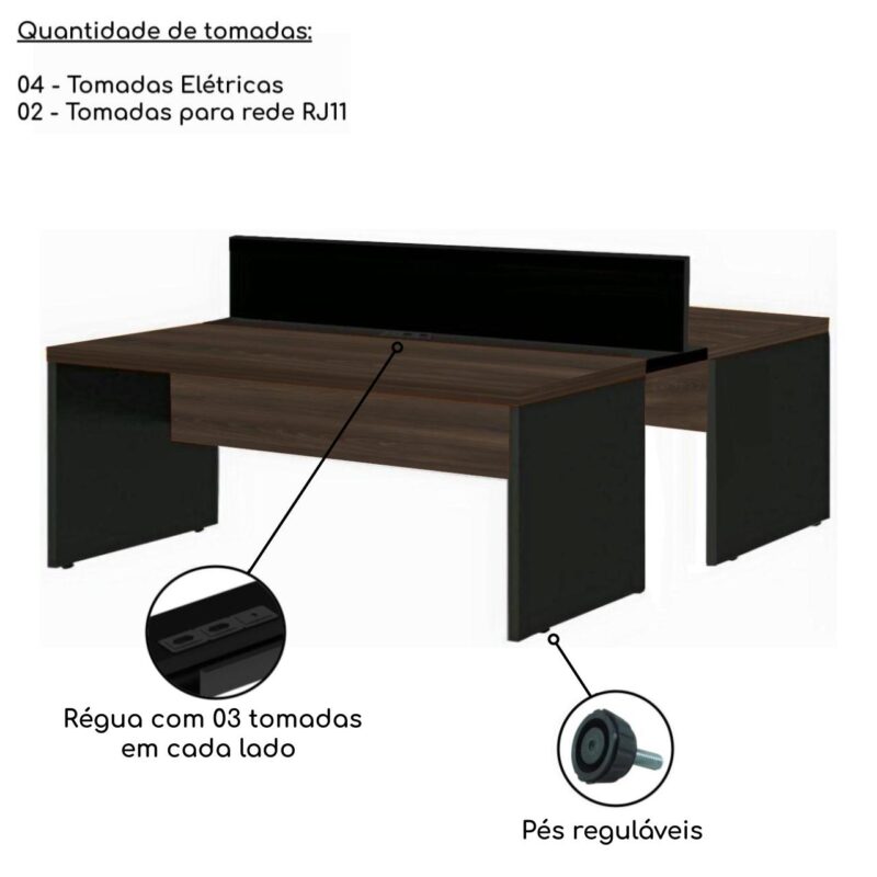 Estação de Trabalho Dupla 1,50×1,35m 02 Lugares c/ Gavetas c/ ponto de tomada MARSALA/PRETO – 63092 PREMIUM OFFICE Móveis para Escritório Linha 30 mm 5