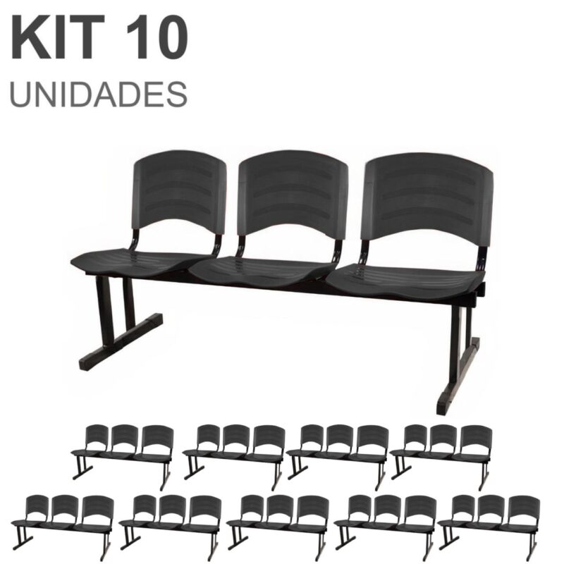 Kit 10 Cadeiras Longarinas PLÁSTICA 03 Lugares – Cor PRETO 33039 PREMIUM OFFICE Móveis para Escritório Longarinas 2