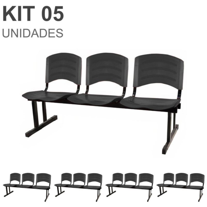 Kit 05 Cadeiras Longarinas PLÁSTICA 03 Lugares – Cor PRETO 33034 PREMIUM OFFICE Móveis para Escritório Longarinas 2