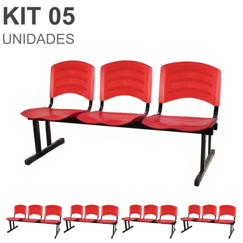 Kit 05 Cadeiras Longarinas PLÁSTICAS 03 Lugares – Cor Vermelho 33043 PREMIUM OFFICE Móveis para Escritório Longarinas 2