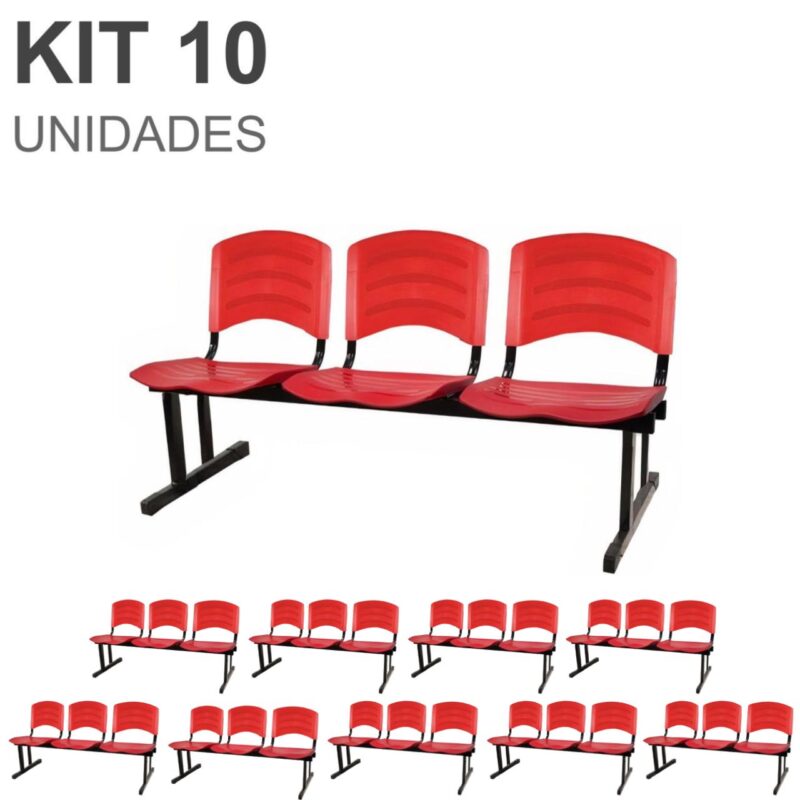 Kit 10 Cadeiras Longarinas PLÁSTICAS 03 Lugares – Cor Vermelho 33048 PREMIUM OFFICE Móveis para Escritório Longarinas 2