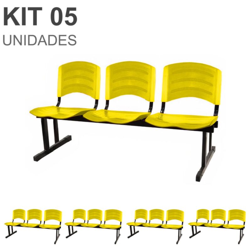 Kit 05 Cadeiras Longarinas PLÁSTICAS 03 Lugares – Cor Amarelo 33080 PREMIUM OFFICE Móveis para Escritório Longarinas 2