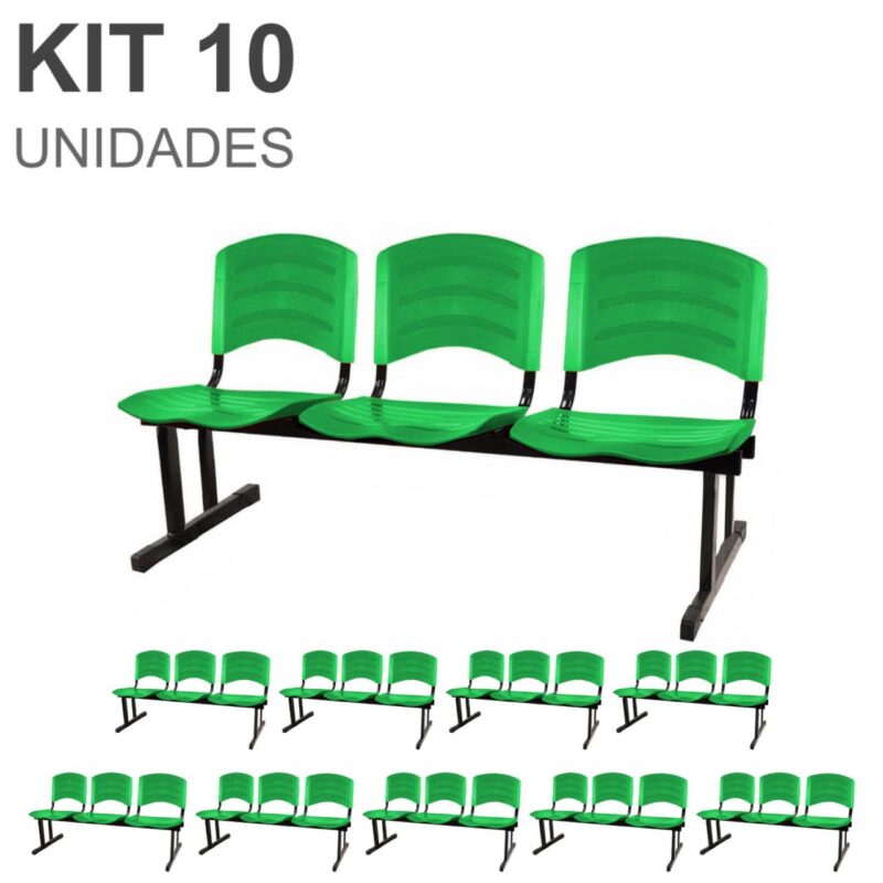 Kit 10 Cadeiras Longarinas PLÁSTICAS 03 Lugares – Cor Verde 33066 PREMIUM OFFICE Móveis para Escritório Longarinas 2