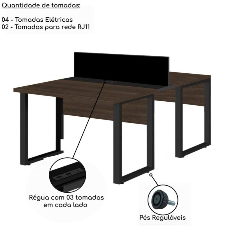 Estação de Trabalho Dupla 1,20×1,35m 02 Lugares c/ Gavetas c/ ponto de tomada PÉ QUADRO MARSALA/PRETO – 64001 PREMIUM OFFICE Móveis para Escritório Linha 30 mm 5