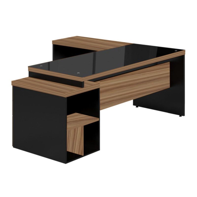 Mesa para Escritório em “L” com VIDRO FUMÊ – 1,92X1,60M NOGAL SEVILHA/PRETO – 21407 PREMIUM OFFICE Móveis para Escritório Linha 40 mm 2