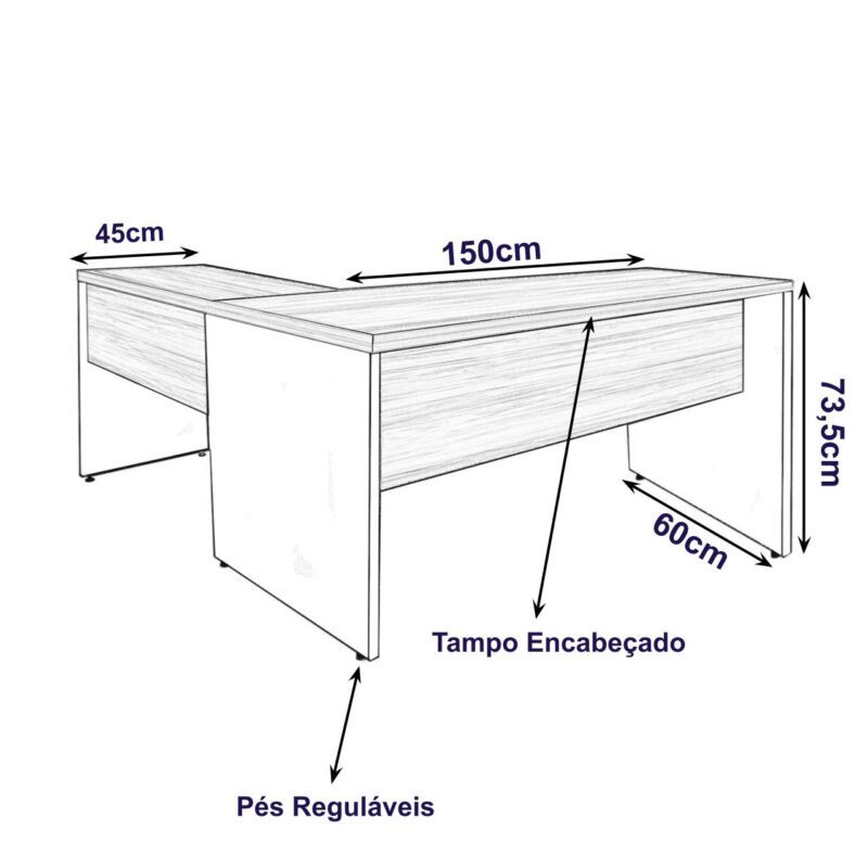 Mesa de Escritório em L com Gavetas – Mesa 1,50m + Mesa Auxiliar NOGAL SEVILHA/PRETO – 21477 PREMIUM OFFICE Móveis para Escritório Linha 40 mm 3