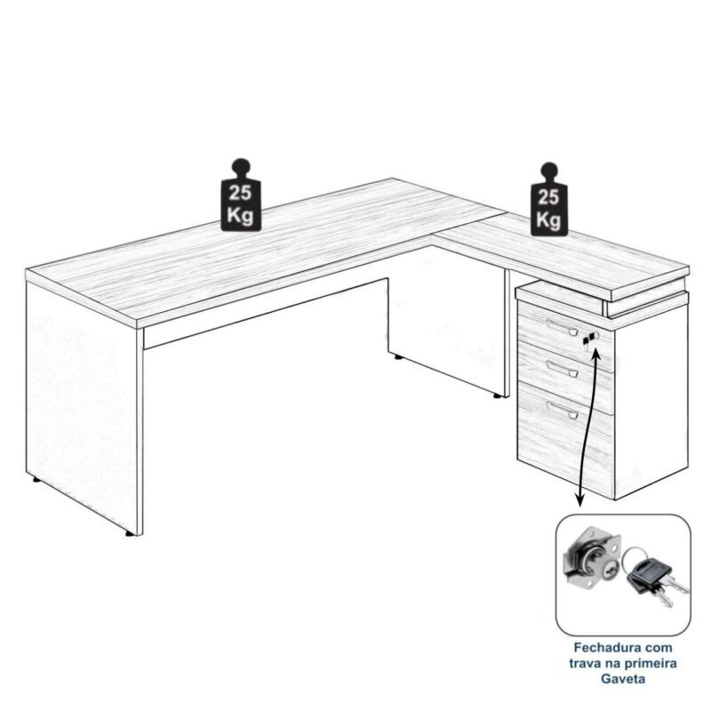 Mesa Escritório em “L” c/ Gaveteiro 1,70×1,60m NOGAL SEVILHA/PRETO – 21423 PREMIUM OFFICE Móveis para Escritório Linha 40 mm 7