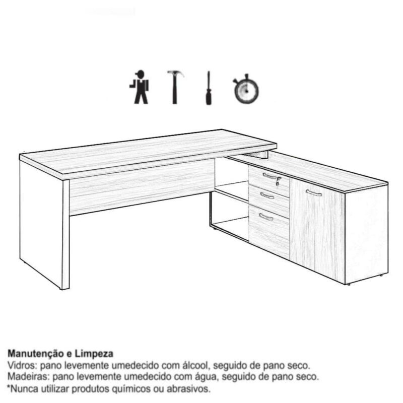Mesa Diretorzinha c/ Aparador – Pé de MADEIRA – 1,90×1,50mNOGAL SEVILHA / PRETO – 21426 . PREMIUM OFFICE Móveis para Escritório Linha 40 mm 5