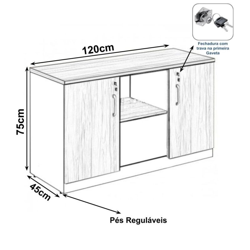 Armário Baixo Credenza – 1,20×0,74X0,45m NOGAL SEVILHA/PRETO – 21412 PREMIUM OFFICE Móveis para Escritório Linha 40 mm 3